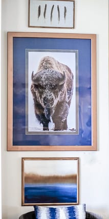 buffalo, snow, bronze, sagebrush art, shadow box, gold, Jeweled Interios, jeweledinteriors.com, military, base, house, velvet, couch, navy, silver, gold, cowhide, lamp, art, commander, leather, curtains, jute, end table, coffee table, horse, cow, wood, crystal, host,  Air Force, Key Spouse, Wing, commander, rustic, glam, books, idaho