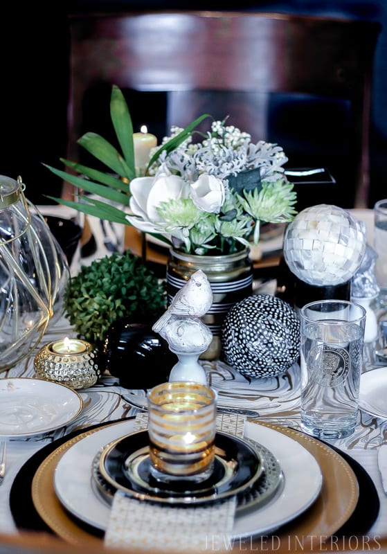 formal, hosting, rug, chairs, table, dinner, lunch, art, LDS, Temple, antique, mirror, chandelir, gold, stencil, dining room, formal, party, blue, white, china, silver, centerpiece, gold, bird, flowers, navy, shelfie, shelf, antique, obama, photo