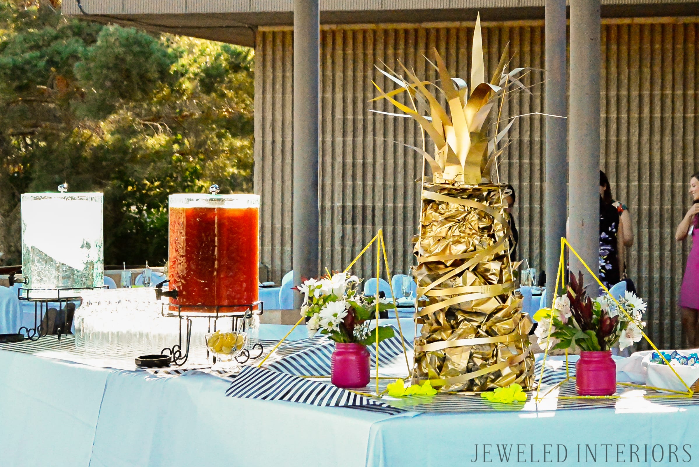 5 steps to a beautiful buffet table|| Jeweledinteriors.com, gold pineapple, Kate spade, black, white, striped, Hawaiian, pineapple, florescent, party, event