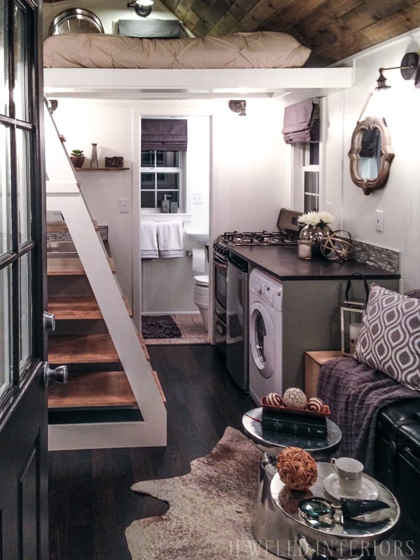 Tiny Home, Tiny House, Jeweled Interiors, Porch, Kitchen, Living Room, Bedroom, Kitchen, Wheels, Loft, Decorate, Design, beautiful, stunning, rustic, chic, polished, mirror, bedding, bed, couch, wood, aluminum, backsplash, 