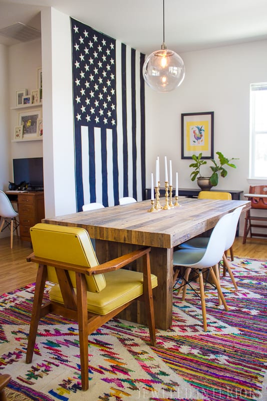 Jeweled Interiors | Kath Barber | Mid Century Modern | MCM | Boho | Bohemian | colorful | Beautiful | Interior Design | Dining Room | Urban Outfitters | Eames | Chairs | Flag | West Bottoms | World Market | Evie chair | Land of Nod | Rug | casablanca | Pendant Light | West Elm | Keekaroo | craigslist |  