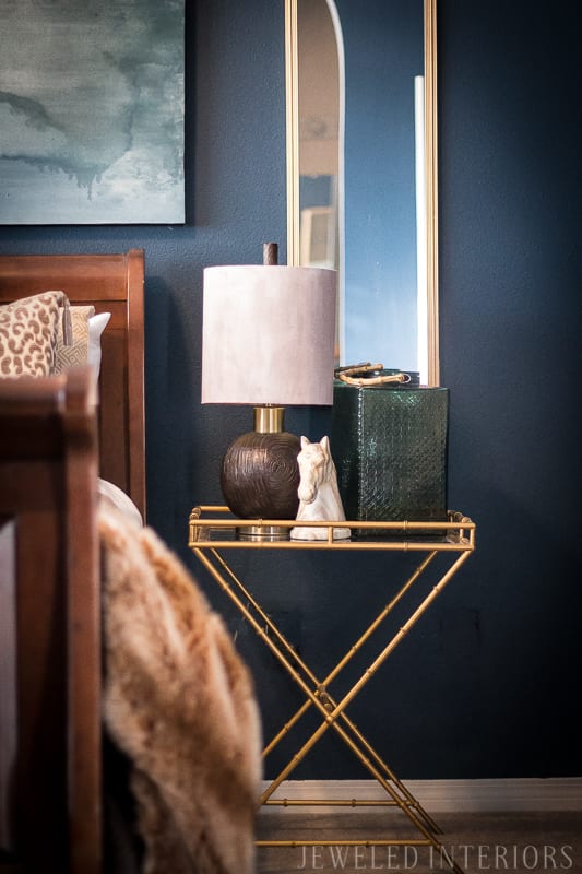 dark, moody, navy, leopard, linen, gold, DIY, art, beautiful, jeweledinteriors, jeweled interiors, flowers, night stand, faux fur, animal print, wood grain, lamp, chocolate, tan, neutrals, blue, statue, horse, bamboo, glam, pink, blush