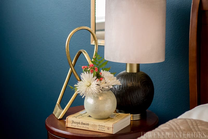 dark, moody, navy, leopard, linen, gold, DIY, art, beautiful, jeweledinteriors, jeweled interiors, flowers, night stand, faux fur, animal print, wood grain, lamp, chocolate, tan, neutrals, blue, statue, horse, bamboo, glam, pink, blush