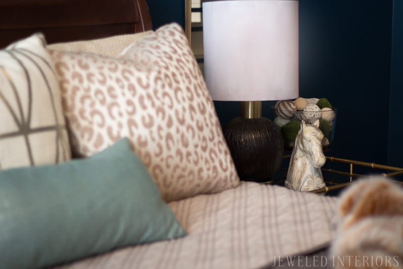 dark, moody, navy, leopard, linen, gold, DIY, art, beautiful, jeweledinteriors, jeweled interiors, flowers, night stand, faux fur, animal print, wood grain, lamp, chocolate, tan, neutrals, blue, statue, horse, bamboo, glam, pink, blush