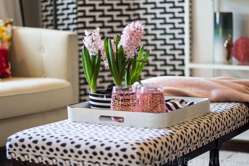 Chic, glam, eclectic, decor, decorate, lamp, ikea, black, white, pink, blush, coral, gold, brass, gallery, wall, pillow, settee, sofa, chair, rug, shelf, style, beautiful, dalmatain, coffee, table, tulip, stripe, milo, baugman, chalk paint, end table, button tuft, charcoal, linen, light, airy, how to, diy, dining room, living room, entry way, military, home, rental, base house, cancer, brain tumor, friend, love, 