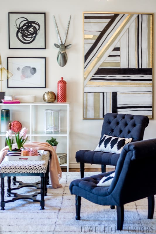Chic, glam, eclectic, decor, decorate, lamp, ikea, black, white, pink, blush, coral, gold, brass, gallery, wall, pillow, settee, sofa, chair, rug, shelf, style, beautiful, dalmatain, coffee, table, tulip, stripe, milo, baugman, chalk paint, end table, button tuft, charcoal, linen, light, airy, how to, diy, dining room, living room, entry way, military, home, rental, base house, cancer, brain tumor, friend, love, 