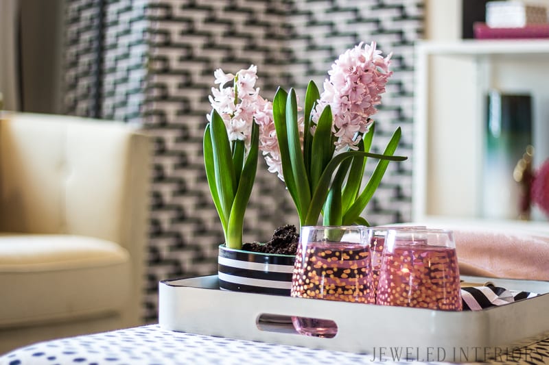 Chic, glam, eclectic, decor, decorate, lamp, ikea, black, white, pink, blush, coral, gold, brass, gallery, wall, pillow, settee, sofa, chair, rug, shelf, style, beautiful, dalmatain, coffee, table, tulip, stripe, milo, baugman, chalk paint, end table, button tuft, charcoal, linen, light, airy, how to, diy, dining room, living room, entry way, military, home, rental, base house, cherry blossoms, friend, love, 