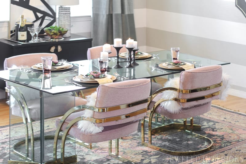 Check out this dining room make over!  Craigslist to the rescue! Milo, Baughman, chairs, thrifted, craigslist, glass, table, brass, millenial, pink, blush, formal, glam, chic, dining room, luncheon, dinner, party, moody, floral, rug, centerpiece, floral, stripes, DIY,  before, after, make-over, reveal, redecorate, 80's table, chairs, vintage rug, wool 