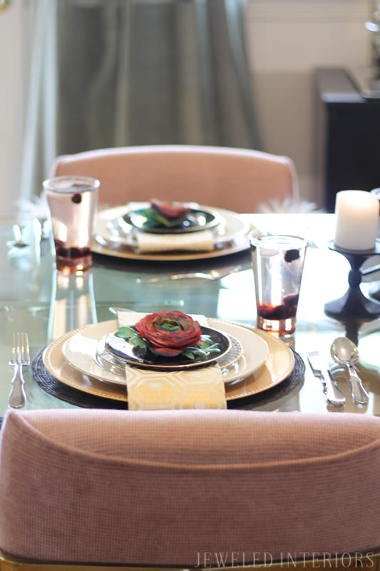 Check out this dining room make over!  Craigslist to the rescue! Milo, Baughman, chairs, thrifted, craigslist, glass, table, brass, millenial, pink, blush, formal, glam, chic, dining room, luncheon, dinner, party, moody, floral, rug, centerpiece, floral, stripes, DIY,  before, after, make-over, reveal, redecorate, 80's table, chairs, vintage rug, wool 