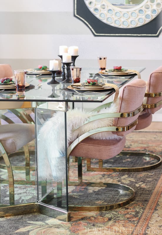 Milo, Baughman, chairs, thrifted, craigslist, jeweledinteriors, glass, table, brass, millenial, pink, blush, formal, glam, chic, dining room, luncheon, dinner, party, moody, floral, rug, centerpiece, floral, stripes, DIY,  before, after, make-over, reveal, redecorate, 80's table, chairs, vintage rug, wool 