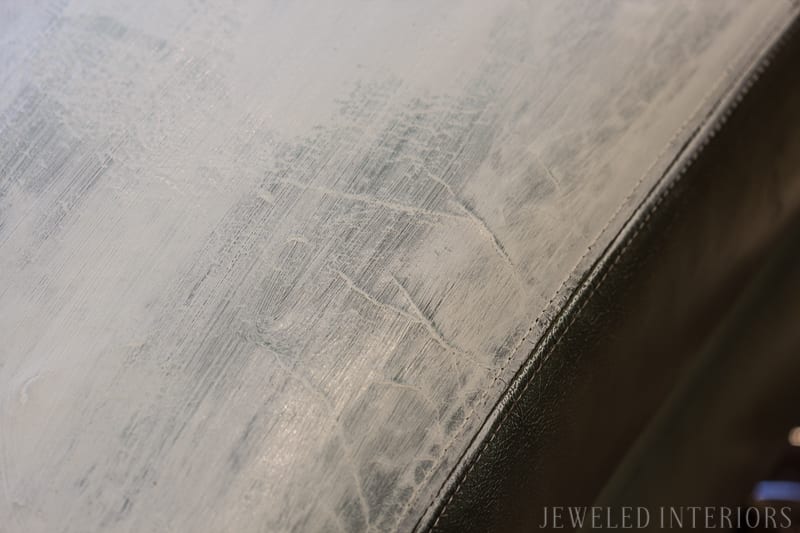 Check out this new and improved chalk paint technique for painting your leather sofa, DIY, tutorial, sofa, couch, paint, sherwin Williams, wax, ORC, One room challenge, minwax, primer, leather, bi-cast, Plaster of Paris, recipe, diy, chair, furniture, chalk paint, jeweledinteriors