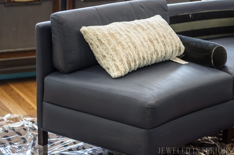 Check out this new and improved chalk paint technique for painting your leather sofa, DIY, tutorial, sofa, couch, paint, sherwin Williams, wax, ORC, One room challenge, minwax, primer, leather, bi-cast, Plaster of Paris, recipe, diy, chair, furniture, chalk paint, jeweledinteriors