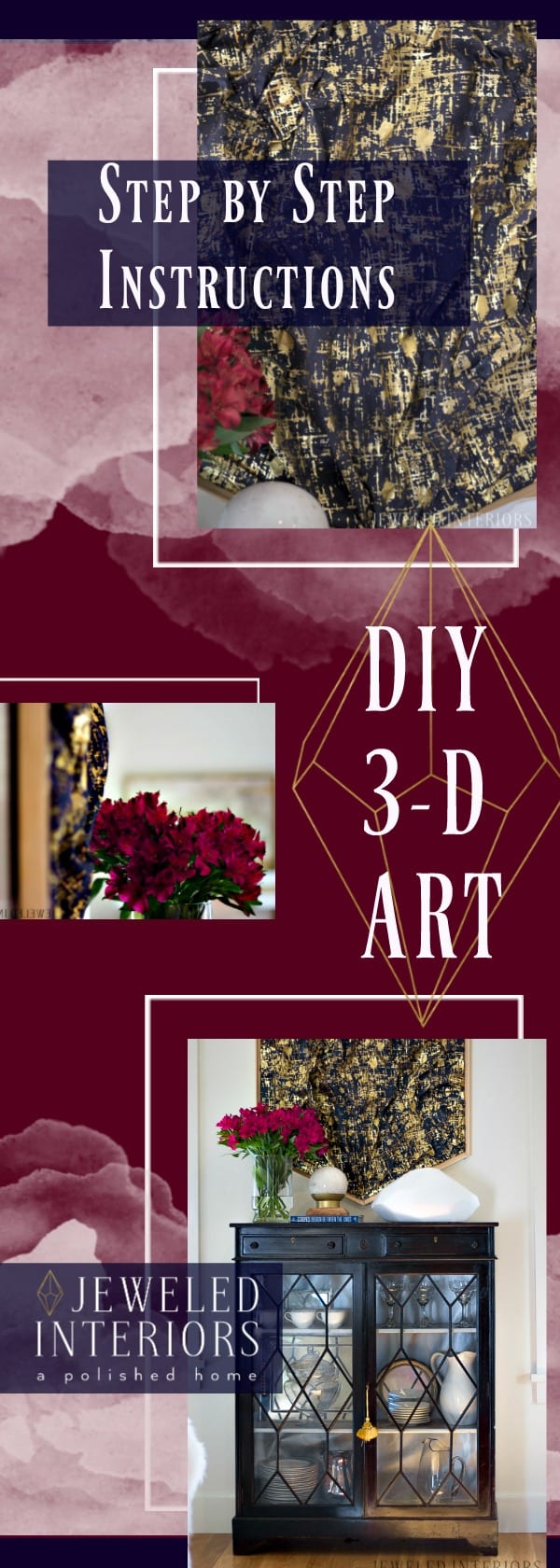 Learn how to make this easy and inexpensive DIY ART! DIY, ART, Tutorial, Abstract, Modern, 3-D, 3D, Navy, gold, frame, step by step, miter, jig, jeweledinteriors,jeweled interiors, ORC, One Room Challenge, 