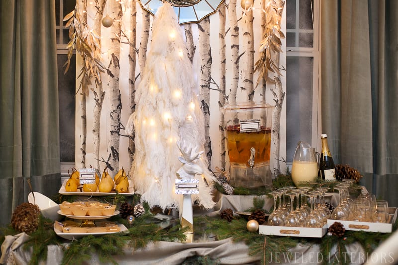 YOU HAVE TO SEE THIS NATURE INSPIRED HOLIDAY PARTY! ||rustic, glam,  jeweledinteriors, buffet table, party, holiday, Christmas, party, home, tour, back drop, dessert, table, chic, rustic, silver, gold, 