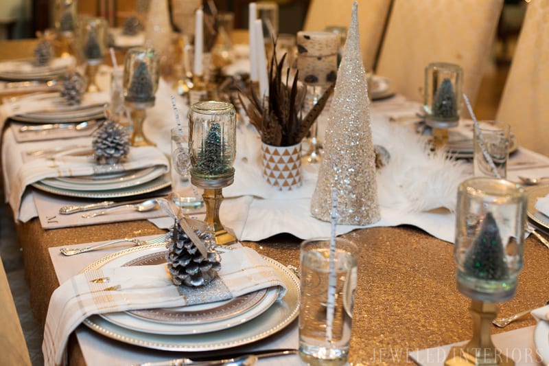 YOU HAVE TO SEE THIS NATURE INSPIRED HOLIDAY PARTY! || jeweledinteriors, buffet table, party, holiday, Christmas, party, home, tour, back drop, dessert, table, chic, rustic, silver, gold, antlers, pinecones, tablescape,  white, ivory, sequin, tablecloth, birch, snow globe