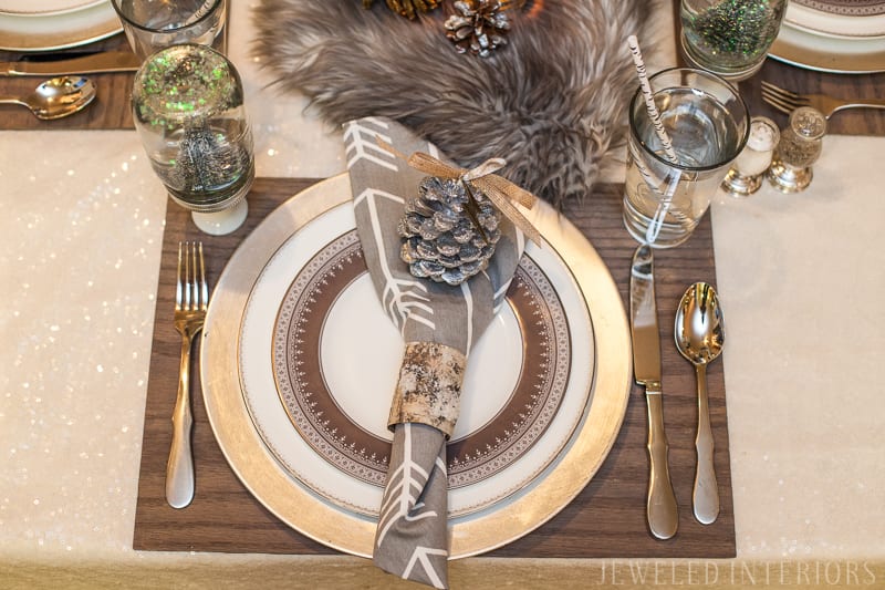 YOU HAVE TO SEE THIS NATURE INSPIRED HOLIDAY PARTY! || jeweledinteriors, buffet table, party, holiday, Christmas, party, home, tour, back drop, dessert, table, chic, rustic, silver, gold, antlers, pinecones, tablescape,  white, ivory, sequin, tablecloth, birch, snow globe