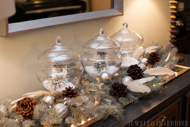 YOU HAVE TO SEE THIS NATURE INSPIRED HOLIDAY PARTY! || rustic, glam, jeweledinteriors, buffet table, party, holiday, Christmas, party, home, tour, back drop, dessert, table, chic, rustic, silver, gold, antlers, pinecones, tablescape,  white, ivory, sequin, tablecloth, birch, buffet table