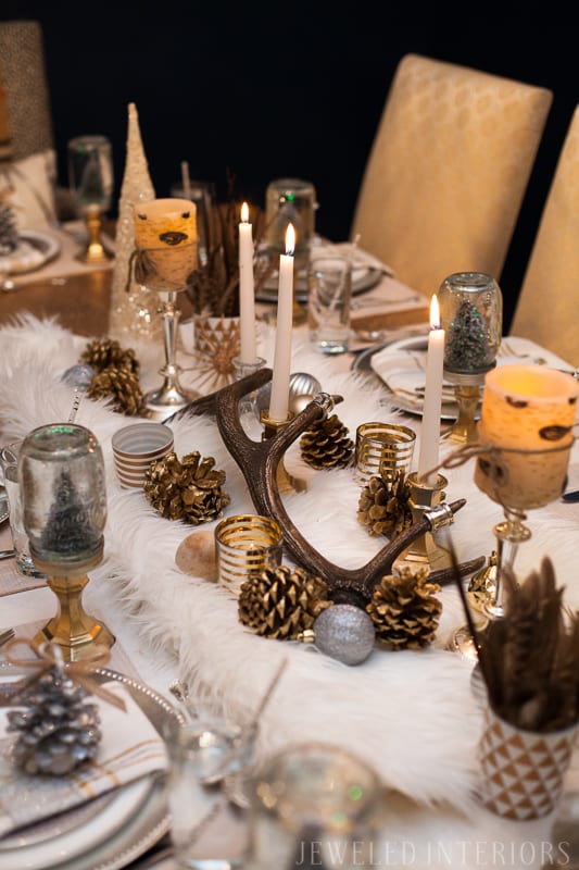 YOU HAVE TO SEE THIS NATURE INSPIRED HOLIDAY PARTY! || jeweledinteriors, buffet table, party, holiday, Christmas, party, home, tour, back drop, dessert, table, chic, rustic, silver, gold, antlers, pinecones, tablescape,  white, ivory, sequin, tablecloth, birch, snow globe