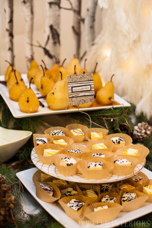 YOU HAVE TO SEE THIS NATURE INSPIRED HOLIDAY PARTY! || rustic, glam, jeweledinteriors, buffet table, party, holiday, Christmas, party, home, tour, back drop, dessert, table, chic, rustic, silver, gold, food
