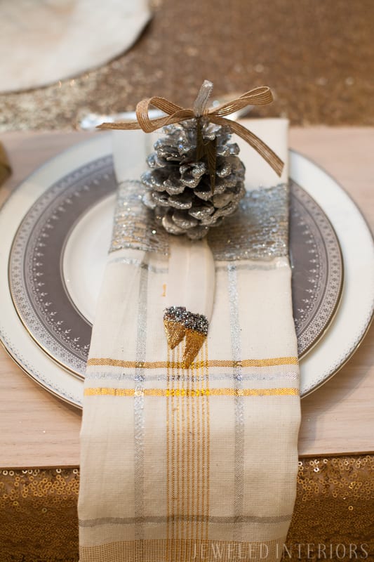 YOU HAVE TO SEE THIS NATURE INSPIRED HOLIDAY PARTY! || rustic, glam, jeweledinteriors, buffet table, party, holiday, Christmas, party, home, tour, back drop, dessert, table, chic, rustic, silver, gold, antlers, pinecones, tablescape,  white, ivory, sequin, tablecloth, birch, snow globe