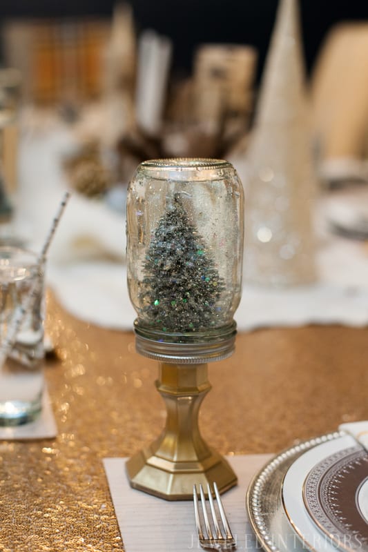 YOU HAVE TO SEE THIS NATURE INSPIRED HOLIDAY PARTY! || jeweledinteriors, buffet table, party, holiday, Christmas, party, home, tour, back drop, dessert, table, chic, rustic, silver, gold, antlers, pinecones, tablescape,  white, ivory, sequin, tablecloth, birch, snow globe