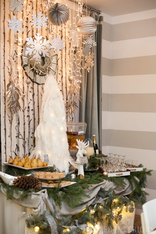 YOU HAVE TO SEE THIS NATURE INSPIRED HOLIDAY PARTY! || rustic, glam, jeweledinteriors, buffet table, party, holiday, Christmas, party, home, tour, back drop, dessert, table, chic, rustic, silver, gold, 