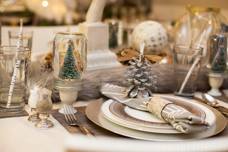 YOU HAVE TO SEE THIS NATURE INSPIRED HOLIDAY PARTY! ||rustic, glam,  jeweledinteriors, buffet table, party, holiday, Christmas, party, home, tour, back drop, dessert, table, chic, rustic, silver, gold, antlers, pinecones, tablescape,  white, ivory, sequin, tablecloth, birch, snow globe