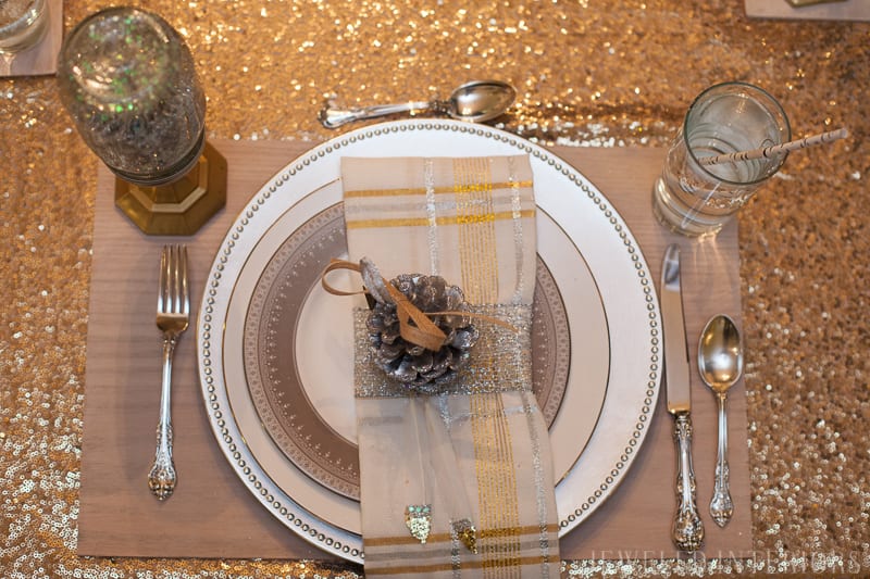 YOU HAVE TO SEE THIS NATURE INSPIRED HOLIDAY PARTY! || rustic, glam, jeweledinteriors, buffet table, party, holiday, Christmas, party, home, tour, back drop, dessert, table, chic, rustic, silver, gold, antlers, pinecones, tablescape,  white, ivory, sequin, tablecloth, birch, snow globe