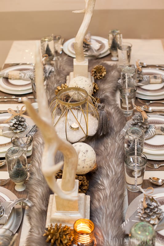 YOU HAVE TO SEE THIS NATURE INSPIRED HOLIDAY PARTY! || rustic, glam, jeweledinteriors, buffet table, party, holiday, Christmas, party, home, tour, back drop, dessert, table, chic, rustic, silver, gold, antlers, pinecones, tablescape,  white, ivory, sequin, tablecloth, birch, snow globe