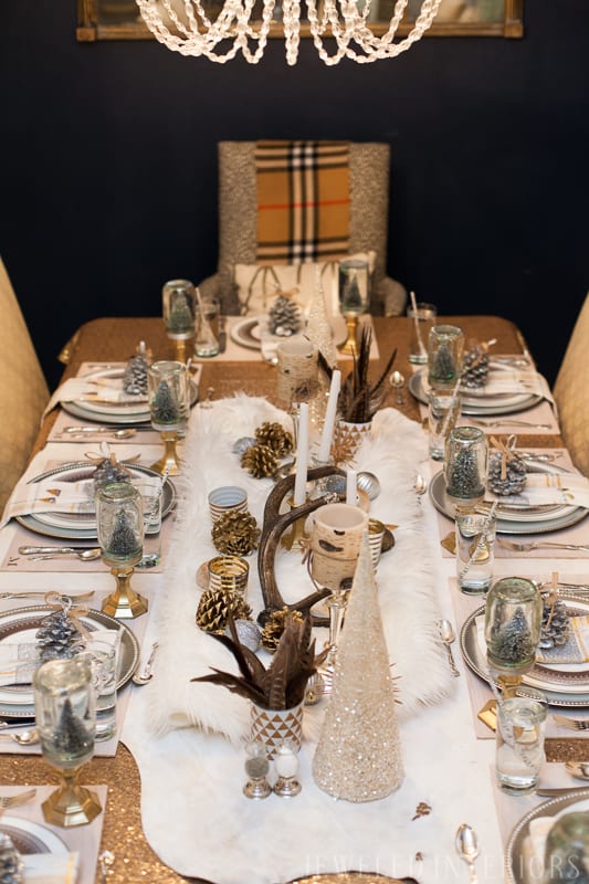 YOU HAVE TO SEE THIS NATURE INSPIRED HOLIDAY PARTY! || rustic, glam, jeweledinteriors, buffet table, party, holiday, Christmas, party, home, tour, back drop, dessert, table, chic, rustic, silver, gold, antlers, pinecones, tablescape,  white, ivory, sequin, tablecloth, birch, snow globe