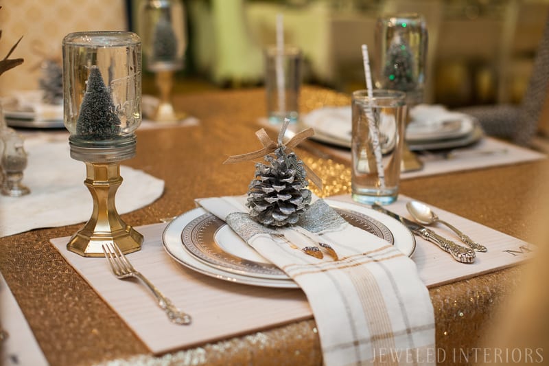 YOU HAVE TO SEE THIS NATURE INSPIRED HOLIDAY PARTY! || jeweledinteriors, buffet table, party, holiday, Christmas, party, home, tour, back drop, dessert, table, chic, rustic, silver, gold, antlers, pinecones, tablescape,  white, ivory, sequin, tablecloth, birch, snow globe