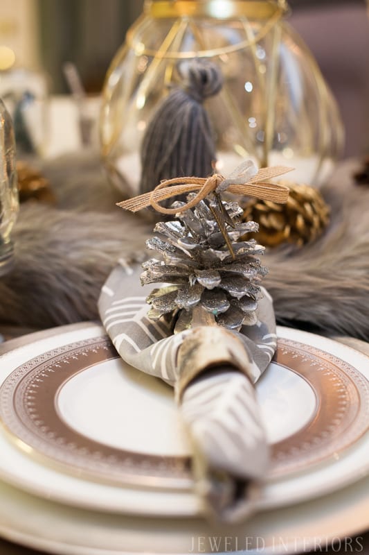 5 steps to setting up a display table || Jeweledinteriors.com, buffet, table, party, holiday, event, drink, appetizer,  rustic, chic, Christmas, tree,  wallpaper, backdrop, napkin, pinecone