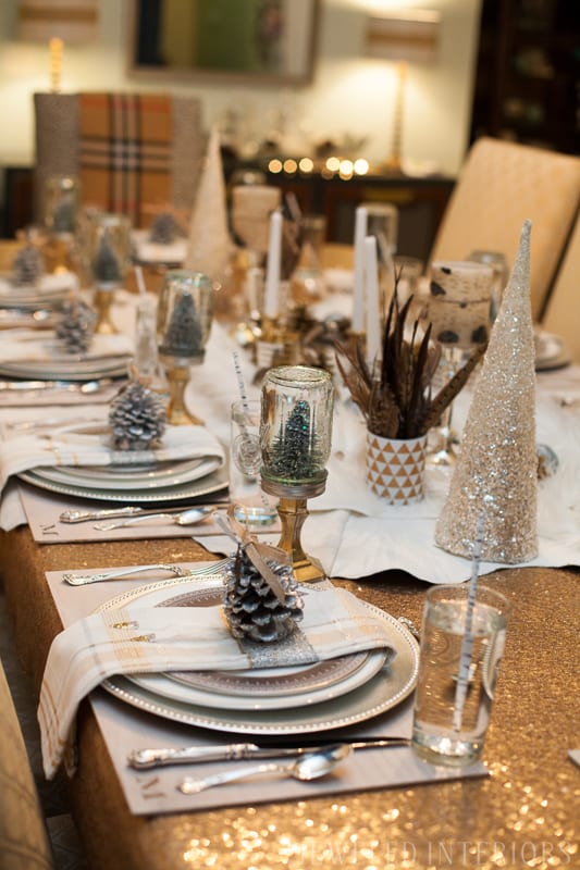 YOU HAVE TO SEE THIS NATURE INSPIRED HOLIDAY PARTY! || jeweledinteriors, buffet table, party, holiday, Christmas, party, home, tour, back drop, dessert, table, chic, rustic, silver, gold, antlers, pinecones, tablescape,  white, ivory, sequin, tablecloth, birch, snow globe