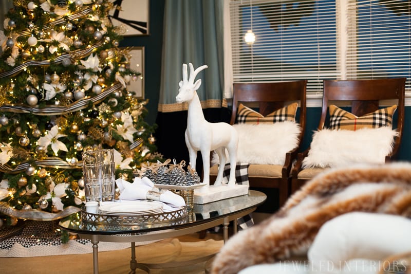 YOU HAVE TO SEE THIS NATURE INSPIRED HOLIDAY PARTY! || jeweledinteriors, buffet table, party, holiday, Christmas, party, home, tour, back drop, dessert, table, chic, rustic, silver, gold, antlers, pinecones, tablescape,  white, ivory, navy, black, white, reindeer, coffee table, tree, ornament