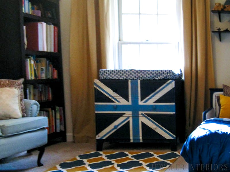 3 Tips for Combining a little boy and little girl's bedroom: Jeweledinteriors, jeweledinteriors, bedroom, bed, crib, toddler, british, union, jack, french, twins, rug, chandelier, dresser, chair, DIY, functional, unisex, sheepskin
