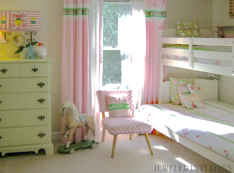 Little Girl's bedroom, jeweled interiors, pink, green, bedding, rocking horse, curtains, desk, polka dots