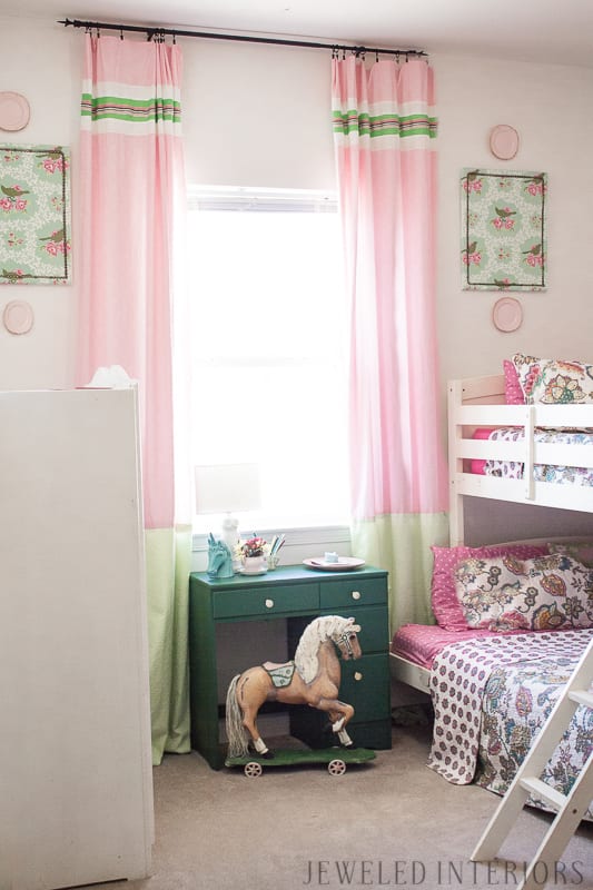 Little Girl's bedroom, jeweled interiors, pink, green, bedding, rocking horse, curtains, desk, polka dots
