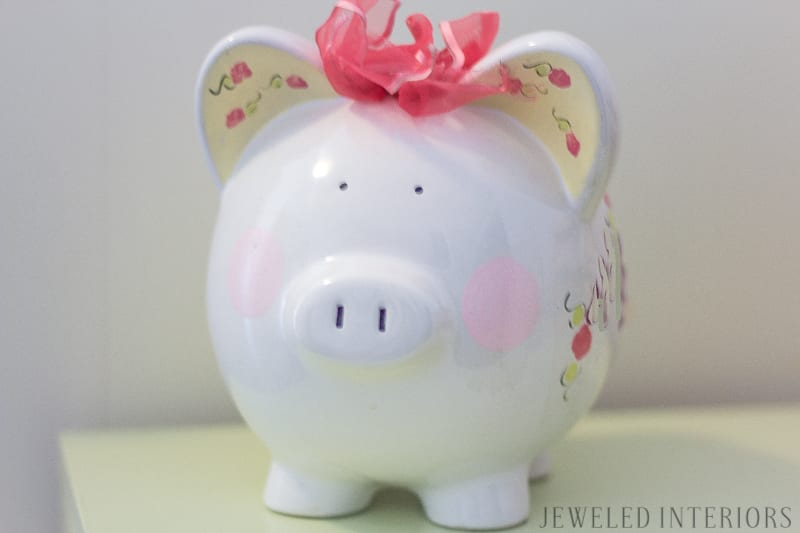 piggy bank, little, girl, girl's, girls', room, bedroom, timeless, classic, traditional, rocking horse, bunk, bed, desk, wardrobe, dresser, bookcase, sofa, settee, curtains, inexpensive, linens, pillow, nancy drew, tea cup, china, White House, Easter Egg Roll, beautiful, feminine, functional, sentimental, flowers, art, supplies, cork, board, heather bailey,  upholstered, nail head, trim, owl lamp, bedding, linens