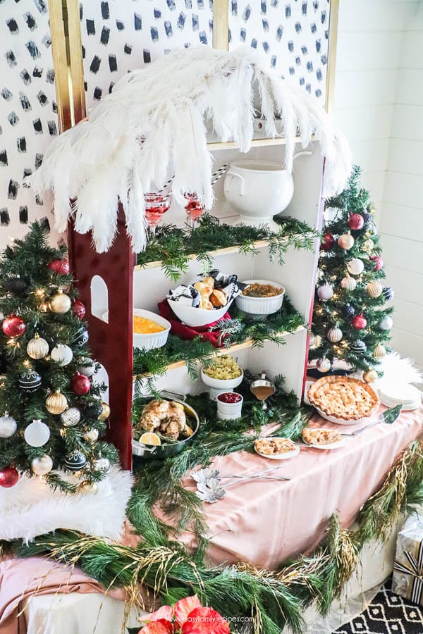 5 steps to a beautiful buffet table || jeweledinteriors.com, black and white, gold, Burgundy, blush, Christmas, holiday, food, drinks, appetizers, garland, 