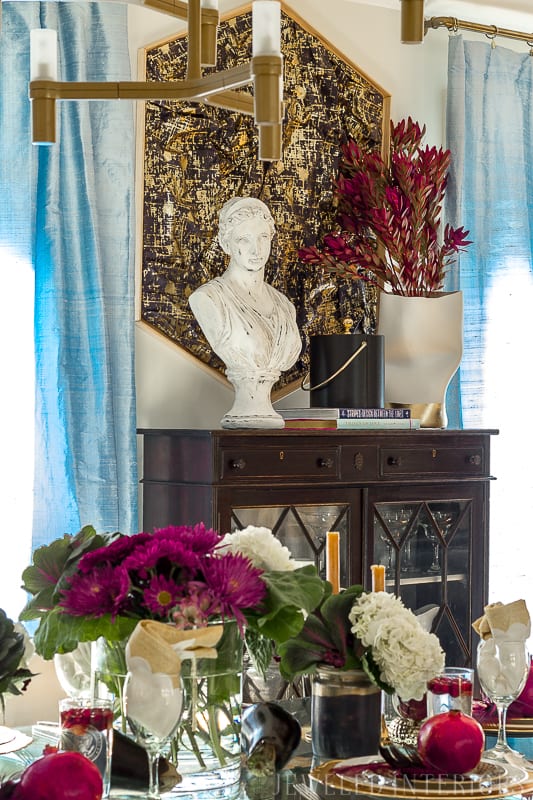 ECLECTIC DECOR IDEAS | Jeweledinteriors One Room Challenge BIG REVEAL || ORC, One Room Challenge, House Beautiful, Jeweled Interiors, Big reveal, week 7, blushingly romantic, great-room, living room, dining room, make-over, makeover, make, over, beautiful, velvet, silk curtains, fabric.com, DIY, tutorial, burgundy, blush, colorful, art, marble, leopard, rug, glass, table, brass, panton chairs, stripes, wallpaper, built in, shelves, painted sofa, antiques, mid century, MCM, vintage, eclectic, milo baughman