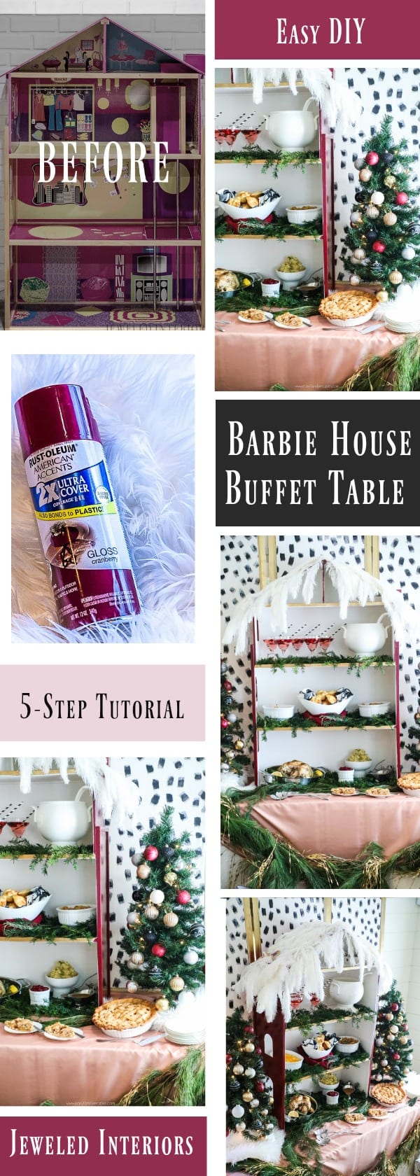 How to make a holiday buffet table from a Barbie house! 5 simple DIY tips to Christmas party greatness!  || Holiday, Christmas, buffet, jeweledinteriors, Burgundy, Dalmatian, party, black and white, ideas, DIY, tutorial,  pink, gold, dinner 