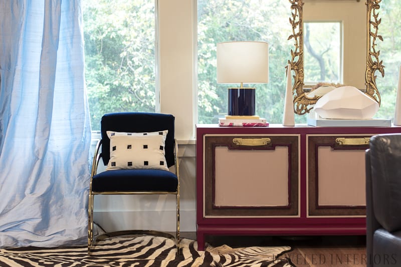 You've got to see this One Room Challenge Make-overs || Jeweledinteriors, antique mirror, One Room Challenge, ORC, parisian, apartment, rental, diy, zebra, milo baughman, navy, velvet, silk, curtains, brass, gold, chic, hardwood floors, antique, mirror, eclectic, kelly wearstler, pillow, kate spade, lamp, powder blue, obelisk, victorian, 1980's, vintage, living room, chic