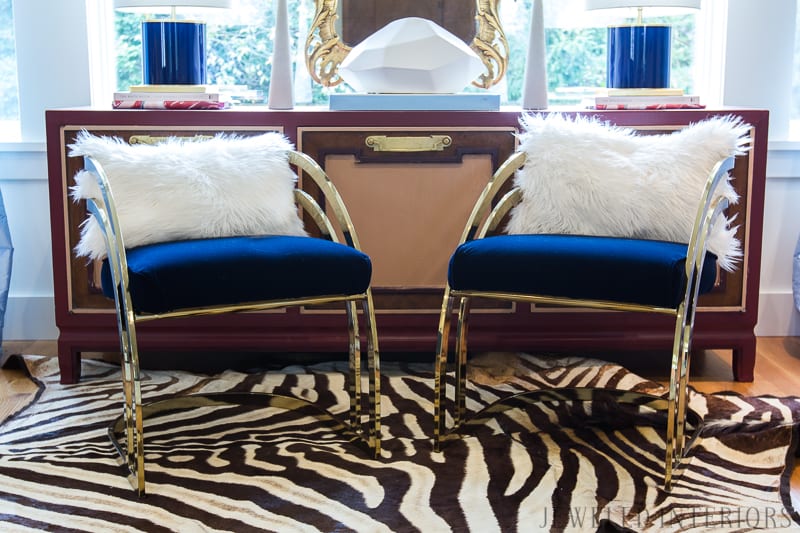 You've got to see this One Room Challenge Make-overs || Jeweledinteriors, antique mirror, One Room Challenge, ORC, parisian, apartment, rental, diy, zebra, milo baughman, navy, velvet, silk, curtains, brass, gold, chic, hardwood floors, antique, mirror, eclectic, kelly wearstler, pillow, kate spade, lamp, powder blue, obelisk, victorian, 1980's, vintage, living room, chic, roman bust, statue, rug, hide