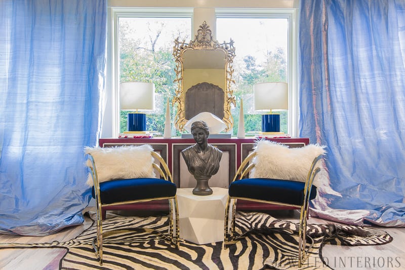You've got to see this One Room Challenge Make-overs || Jeweledinteriors, One Room Challenge, ORC, parisian, apartment, rental, diy, zebra, milo baughman, navy, velvet, silk, curtains, brass, gold, chic, hardwood floors, antique, mirror, eclectic, kelly wearstler, pillow, kate spade, lamp, powder blue, obelisk, victorian, 1980's, vintage, living room, chic, roman bust, statue
