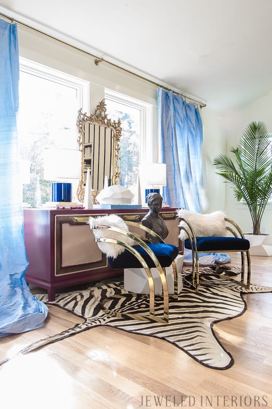 You've got to see this One Room Challenge Make-overs || antique mirror, Jeweledinteriors, One Room Challenge, ORC, parisian, apartment, rental, diy, zebra, milo baughman, navy, velvet, silk, curtains, brass, gold, chic, hardwood floors, antique, mirror, eclectic, kelly wearstler, pillow, kate spade, lamp, powder blue, obelisk, victorian, 1980's, vintage, living room, chic, roman bust, statue