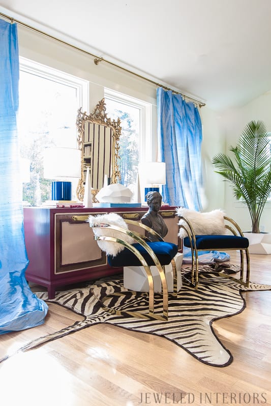 You've got to see this One Room Challenge Make-overs || Jeweledinteriors, Antique mirror, One Room Challenge, ORC, parisian, apartment, rental, diy, zebra, milo baughman, navy, velvet, silk, curtains, brass, gold, chic, hardwood floors, antique, mirror, eclectic, kelly wearstler, pillow, kate spade, lamp, powder blue, obelisk, victorian, 1980's, vintage, living room, chic