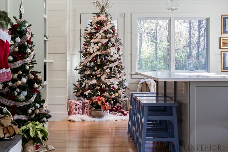 Looking for inspiration for Christmas Tree inspiration?  You have got to see this || Jeweled Interiors, Holiday, Home Tour, Burgundy, wine, Blush, Christmas, Decor, decoration, Ideas, Tips,  Christmas, holiday, tree,  pink, DIY, inspiration, red, maroon, ostrich feathers, poinsettia, glam, chic, peach, gold, black, white