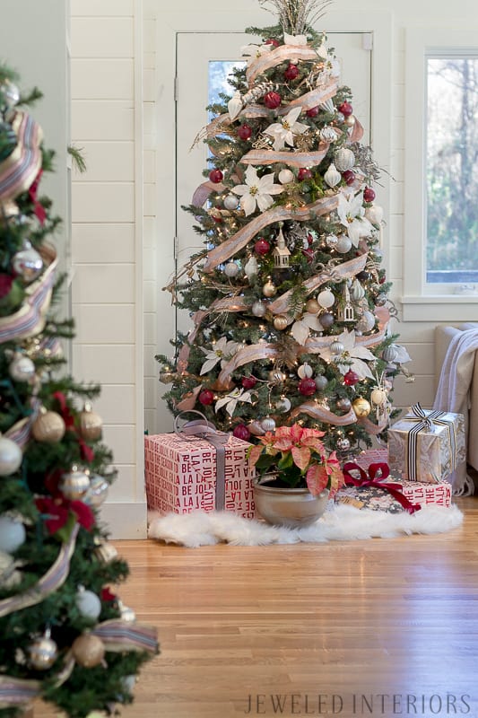 Looking for inspiration for Christmas Tree inspiration?  You have got to see this || Jeweled Interiors, Holiday, Home Tour, Burgundy, wine, Blush, Christmas, Decor, decoration, Ideas, Tips,  Christmas, holiday, tree,  pink, DIY, inspiration, red, maroon, ostrich feathers, poinsettia, glam, chic, peach, gold, black, white , eclectic, chic,  romantic