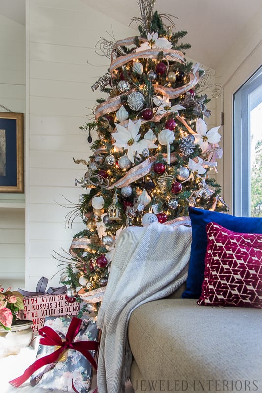 HOLIDAY HOME TOUR REVEAL || THIS TREE|| Looking for inspiration for an eclectic, chic, and glam Christmas? Jeweled Interiors, Holiday, Home Tour, Burgundy, cranberry, blush, Decor, Ideas, Tips, black, Christmas, tree, decor, decorations, DIY, inspiration, red, maroon, wine, home tour, poinsettia, glam, chic, peach, gold, black, white, blue, navy