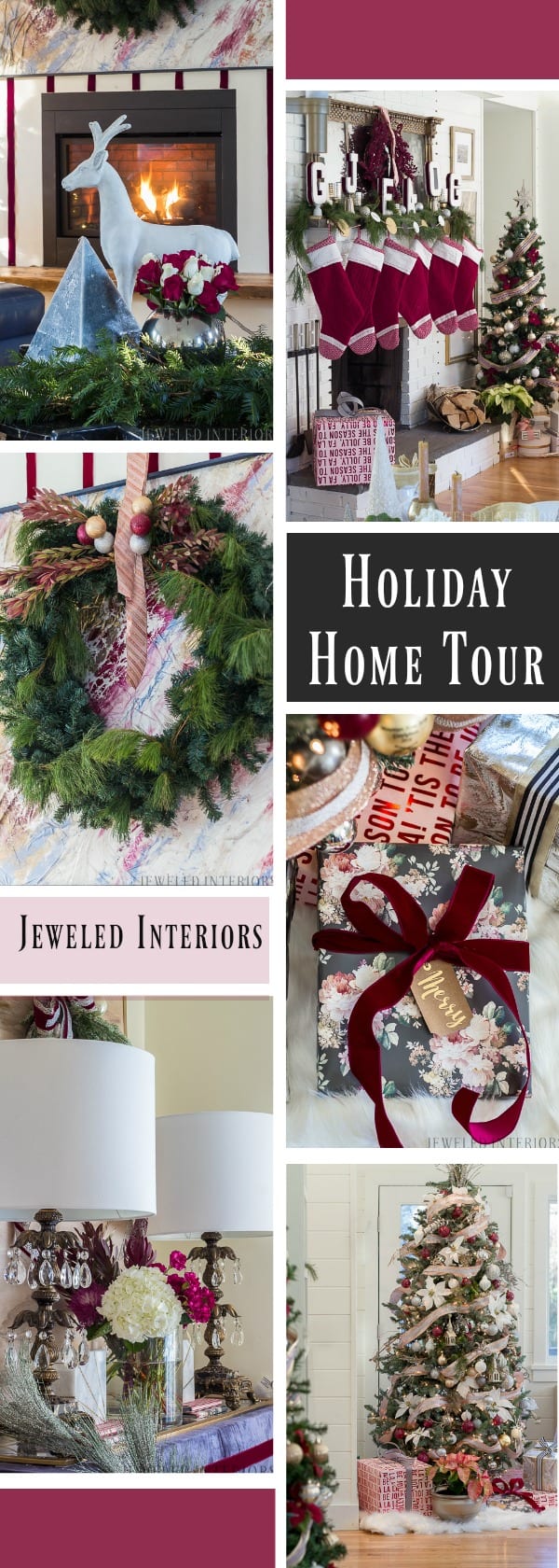 Looking for inspiration for Christmas decor? You have got to see this! Jeweled Interiors Holiday Home Tour 2017 | Burgundy Blush Christmas Decor Ideas and Tips ⋆ Jeweled interiors, wreaths, Christmas, holiday, tree, decor, decorations, built-ins, coffee table, ideas, DIY, inspiration, burgundy, blush, red, maroon, wine, home, living room, pointsettieas, glam, chic, peach, gold, black, white, ornaments, dalmation print, ribbon, roses, velvet, DIY, art